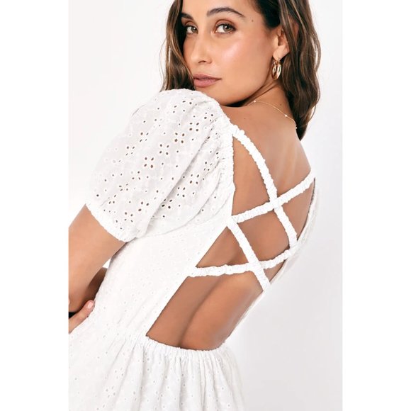 Lulus Dresses & Skirts - Lulu's Milan Moments Embroidered Eyelet Lace Backless Midi Dress w/Puff Sleeves